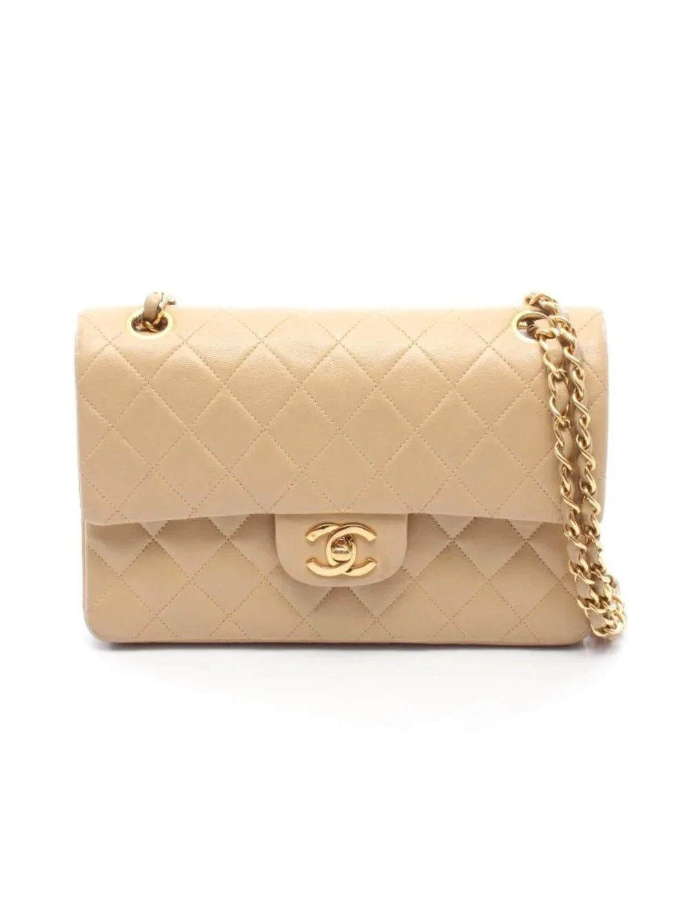 Chanel Shoulder Bag Quilted Double Flap Beige Lambskin Chain